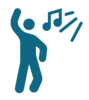 Ikon med en person som dansar och musiknoter, symboliserar musik och dans.