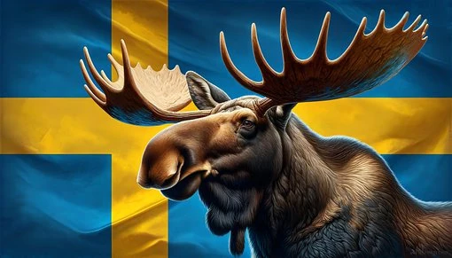 Älg med Sveriges flagga En ståtlig älg med stora horn står framför Sveriges flagga i blått och gult.