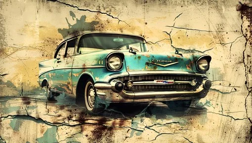 50-talsbil i retrostil En klassisk 50-talsbil i blått med rostiga detaljer framför en vägg med vintage-patina.