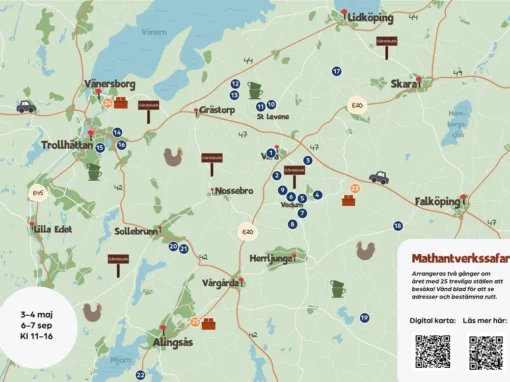En detaljerad karta över Mathantverkssafari 2025 med utmärkta gårdsbutiker, fikaställen och boenden i Västra Götaland. Kartan visar platser från Alingsås i söder till Lidköping i norr och Falköping i öster, med symboler för gårdsbutiker, fikaställen och boenden.