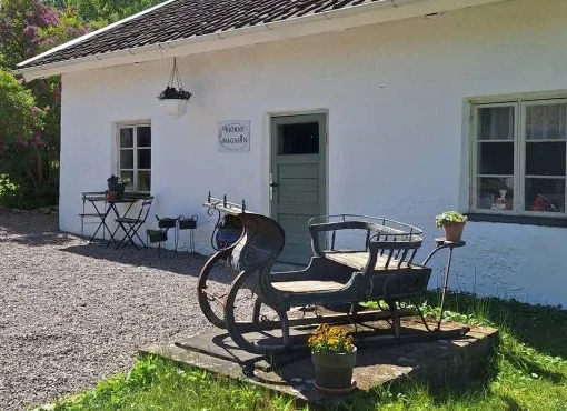 Vit magasinsbyggnad med grön dörr, uteplats med cafébord och antik släde framför entrén. Omgiven av grönska och blommande syrener i Torbjörntorp.