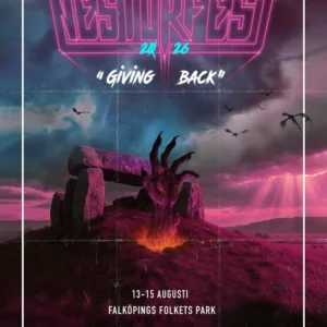 Affisch för NestorFest 2026 med neonrosa logotyp, temat ”Giving Back” och datum 13–15 augusti i Falköpings Folkets Park, med dramatisk illustration av ett stenröse och en hand som reser sig ur marken.