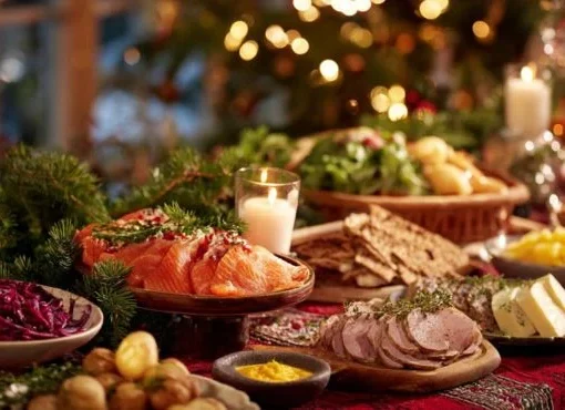 Ett traditionellt svenskt julbord med lax, skinka, potatis, rödkål, ägghalvor och knäckebröd, uppdukat med levande ljus och julgran i bakgrunden.