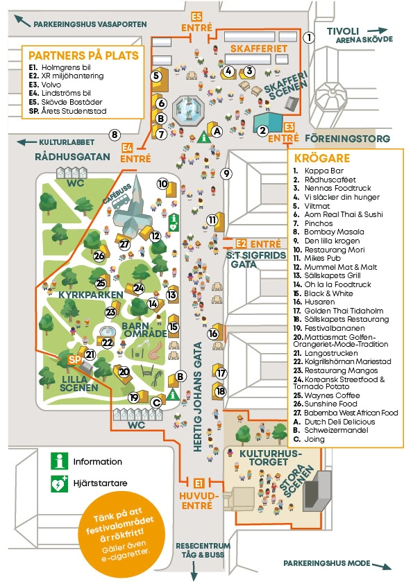 Karta över Matfestivalen i Skövde 2026 med stora scenen, lilla scenen, Skafferiets scen, barnområde, tivoli, krögare, föreningstorg, entréer och service.