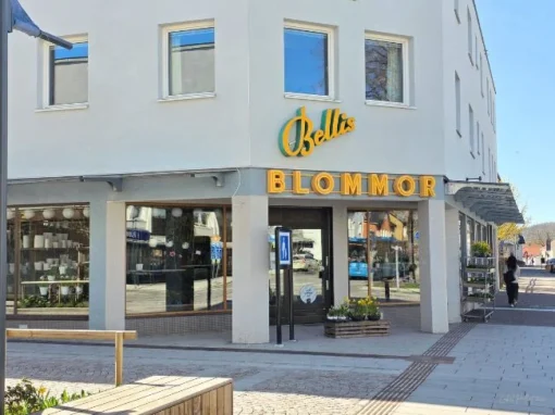 Butik Bellis Blommor i Falköping med skyltfönster fyllt av växter och blomsterarrangemang.