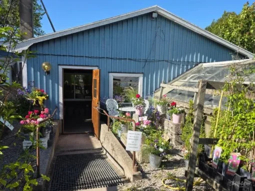 Karleby Handelsträdgård i Falköping med entré, växthus och blommor utanför handelsträdgården.